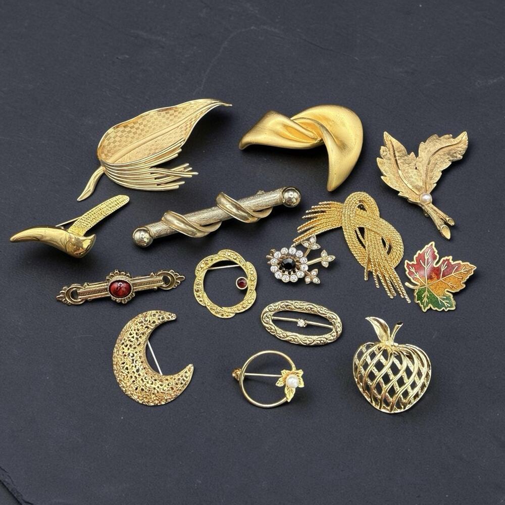 Vintage Costume Jewelry Brooch Lot 14pc Gold Tone NAPIER CORO GERRY'S 1928